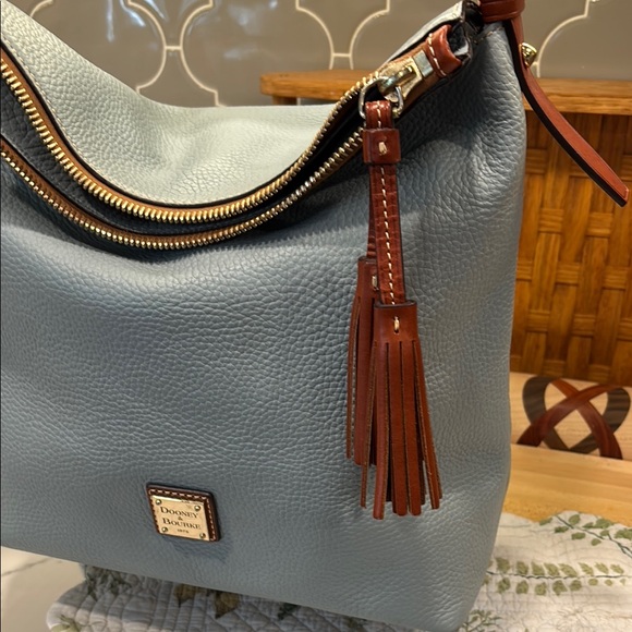 Dooney & Bourke Blue and Brown Hobo Bag with Tassel - Picture 3 of 6
